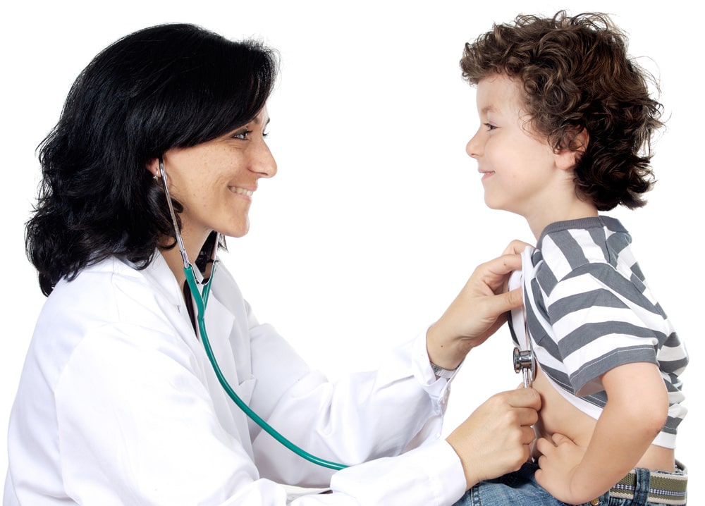 a doctor checking a child's heartbeat
